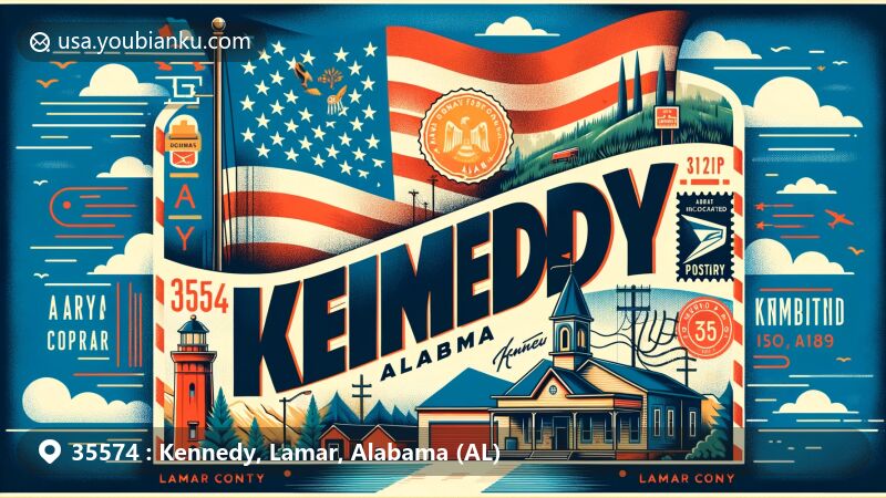 Modern illustration of Kennedy, Lamar County, Alabama, featuring postal theme with ZIP code 35574, showcasing airmail envelope with 1895 postal cancellation mark and Alabama state flag in the background.