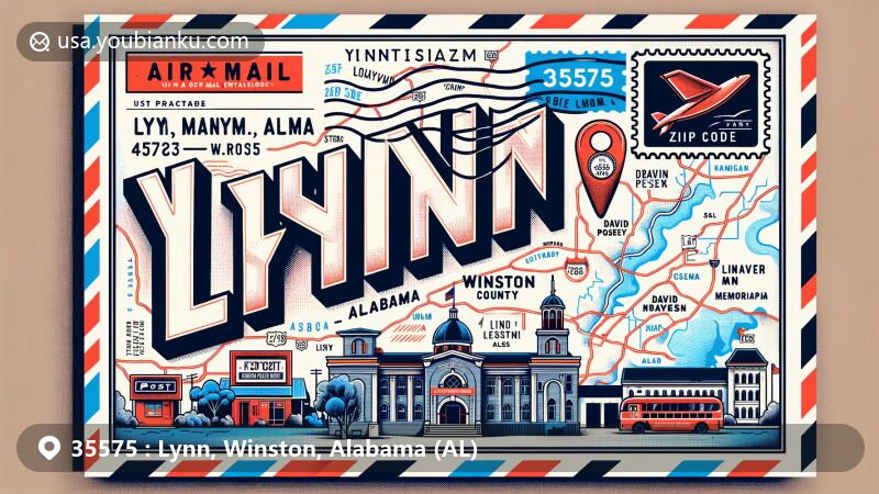 Modern illustration of Lynn, Alabama, with postal theme and ZIP code 35575, featuring landmarks like the post office and David Posey Memorial Stadium.