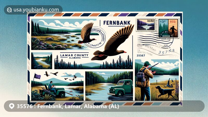 Unique illustration of Fernbank area in Lamar County, Alabama, with airmail envelope design displaying natural landscapes and postal elements, including ZIP Code 35576 and mail truck.