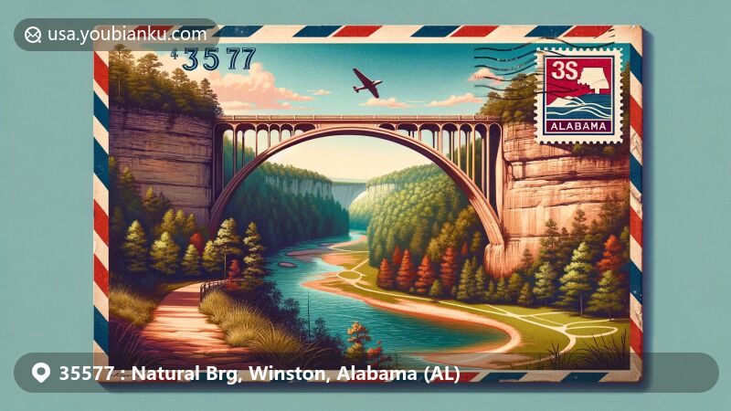 Modern illustration of Natural Bridge in Winston County, Alabama, showcasing the longest natural bridge on the East Coast, measuring 148 feet in length and 60 feet in height, set in a picturesque forest area with winding paths, bathed in soft daylight, integrated with postal elements including a vintage postcard featuring the postal code 35577, a red and blue airmail border, an Alabama state flag stamp, and a postmark reading 'Natural Brg, Winston, AL'.