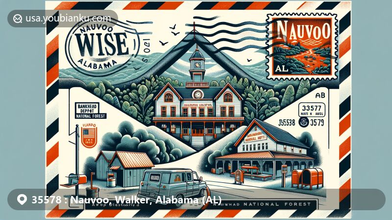 Modern illustration of Nauvoo area in Walker County, Alabama, showcasing historical and cultural richness with a creative airmail envelope featuring Nauvoo Depot Museum and Harbin Hotel, postal elements including ZIP Code 35578 and Alabama state symbols, surrounded by mailbox, mail truck, and background merging Bankhead National Forest lush scenery with Nauvoo's historical charm.