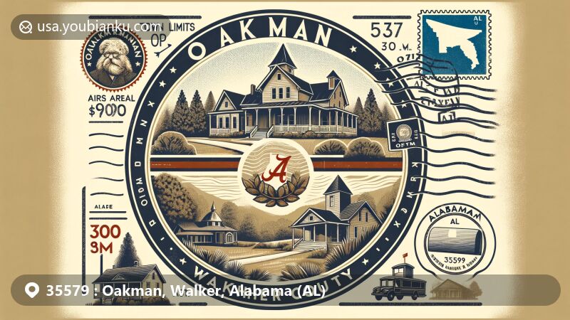 Modern illustration of Oakman, Alabama, in the 35579 postal code area, highlighting the town's circular limits, the historic Stephenson House, Bankhead National Forest, and a postal theme with vintage design elements.