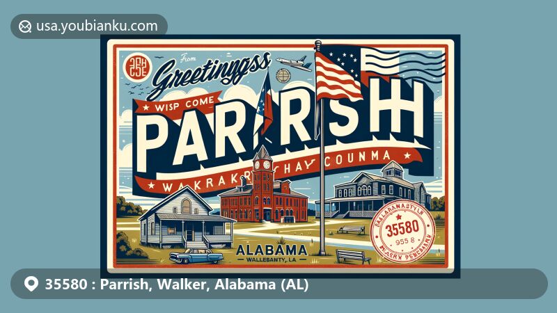 Modern illustration of Parrish, Walker County, Alabama, featuring vintage postcard layout with 'Greetings from Parrish, AL 35580', showcasing Alabama state flag, Walker County outline, and local landmarks.