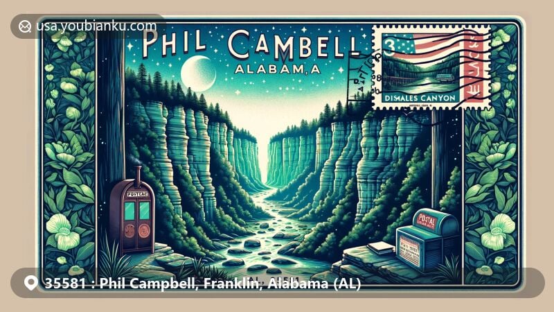 Modern illustration of Phil Campbell, Alabama, showcasing Dismals Canyon's natural beauty under a starry sky, with vintage postage stamp design featuring Alabama state flag and 'Phil Campbell, AL 35581'.