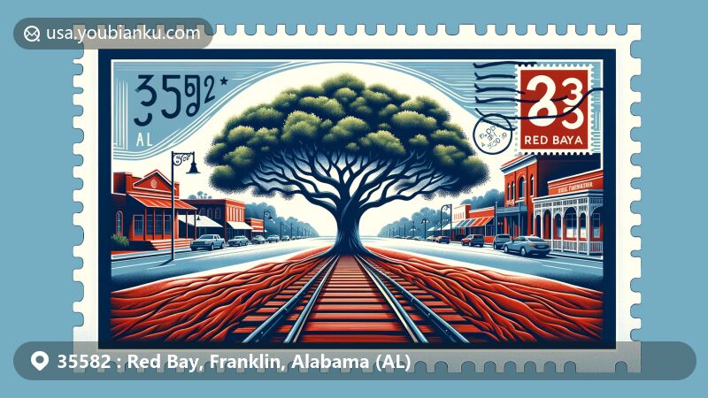 Modern illustration of Red Bay, Franklin County, Alabama, featuring postal theme with ZIP code 35582, highlighting famous oak trees, Bay Theater, and red soil.