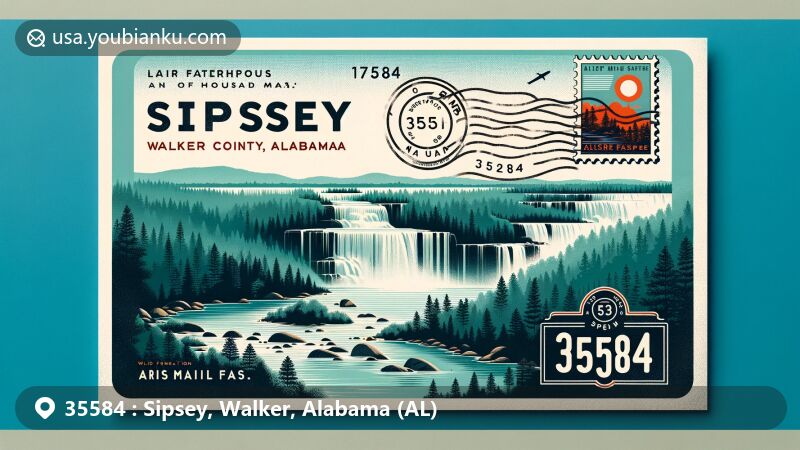 Modern illustration of Sipsey, Walker County, Alabama, featuring ZIP code 35584, showcasing Sipsey Wilderness natural beauty and landmarks in the 'Land of a Thousand Waterfalls,' with forests, streams, and waterfalls, integrated postal elements like stamps and postmarks.