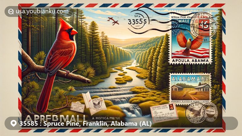 Modern illustration of Spruce Pine community in Alabama, featuring vintage air mail envelope with ZIP code 35585, showcasing Northern Cardinal near creek, Alabama state flag, and state symbols.