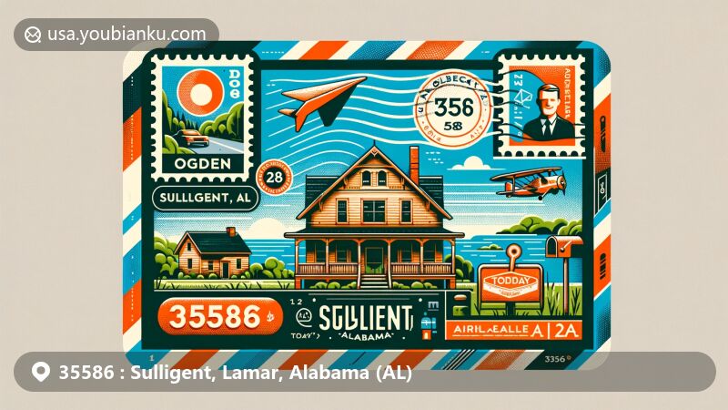 Modern illustration of Sulligent, AL, with airmail envelope featuring ZIP code 35586, showcasing Ogden House and Sulligent Lake stamps, postmark, mailbox, and postal vehicle.