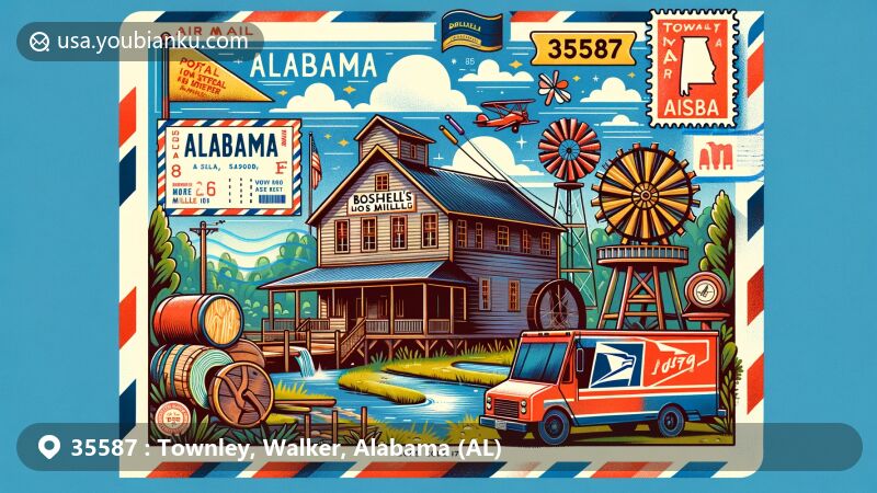 Modern illustration of Townley, Alabama, featuring postal theme with ZIP code 35587, showcasing Boshell's Mill, a historic gristmill and sawmill on Lost Creek, National Register of Historic Places.