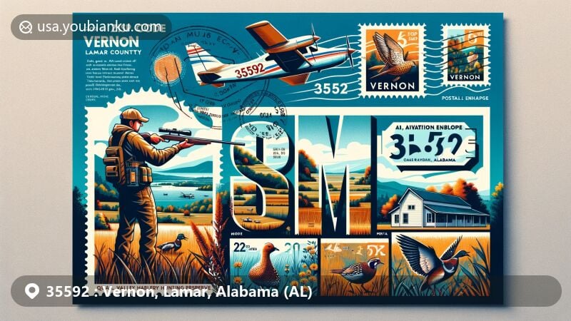 Modern illustration of Vernon, Lamar County, Alabama, presenting a postcard theme with aviation envelope design and postal marks, featuring hunting at Quail Valley Hunting Preserve and Vernon City Park.
