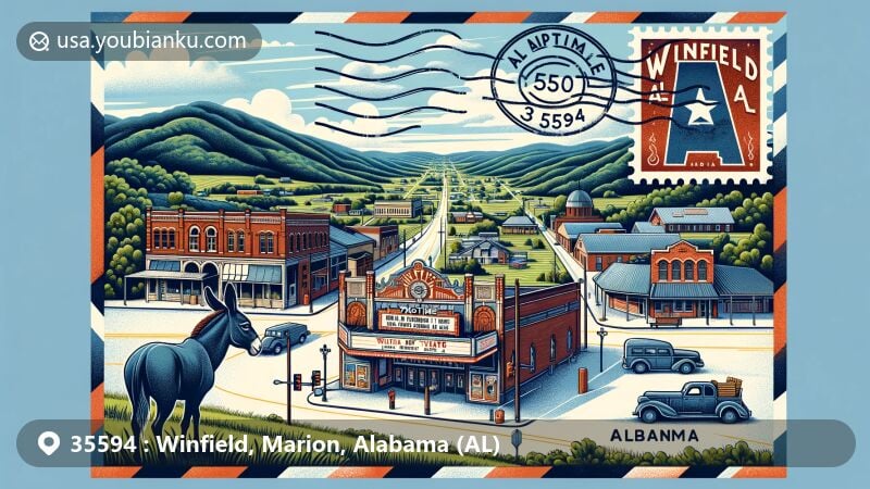 Modern illustration of Winfield, Alabama, showcasing historic Pastime Theatre and southern charm with ZIP code 35594, featuring Mule Day elements, Appalachian foothills backdrop, vintage air mail design, and traditional USPS mailbox.