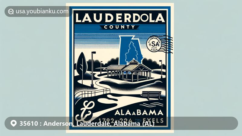Modern illustration of Anderson, AL, area with ZIP code 35610 in Lauderdale County, highlighting Anderson Creek Golf Club with park silhouette and golf course design, featuring Alabama symbol and postal theme with postage stamp and postmark effect.