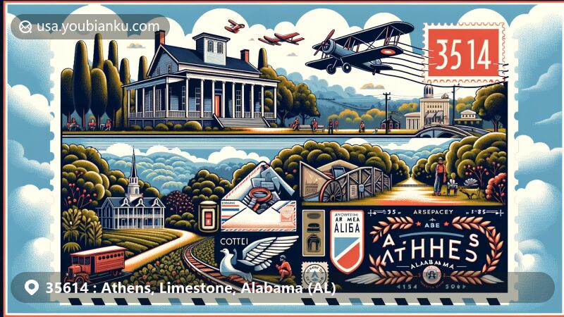 Modern illustration of Athens, Alabama, with ZIP code 35614, featuring rich history, natural beauty, and postal elements, highlighting antebellum homes, trails, parks, and industries.