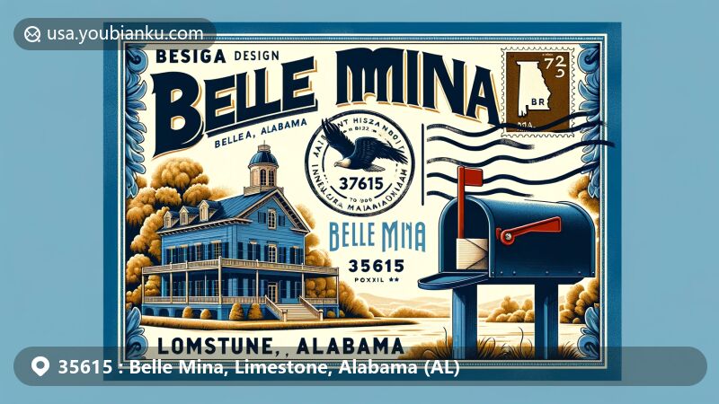 Modern illustration of Belle Mina, Limestone County, Alabama, showcasing historic Belle Mina plantation house from 1826, airmail envelope with 35615 ZIP code, classic American blue mailbox, and Alabama state flag.