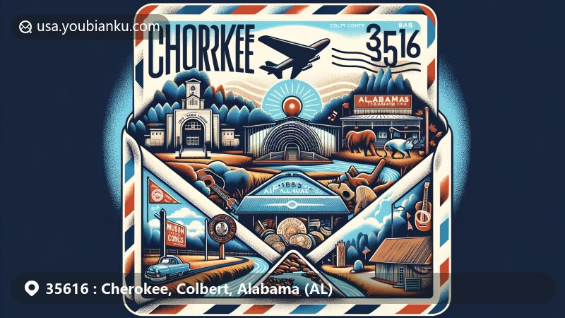 Modern illustration of Cherokee, Colbert County, Alabama, featuring vintage air mail envelope with ZIP code 35616, showcasing Muscle Shoals Sound Studio, Coon Dog Cemetery, and Natchez Trace Parkway.