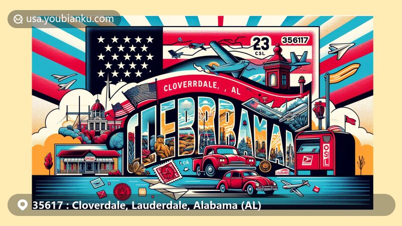 Modern illustration of Cloverdale, Lauderdale County, Alabama, blending postal theme with local features, showcasing Alabama flag, Lauderdale County outline, and iconic landmarks.