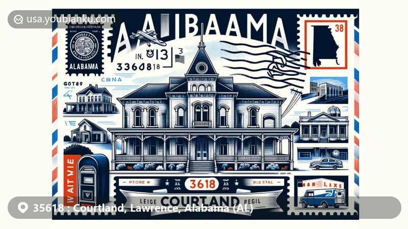 Modern illustration of Courtland, Lawrence County, Alabama, featuring 19th-century Southern architecture and the Courtland Heritage Museum, with a postcard motif including a prominent ZIP code 35618.