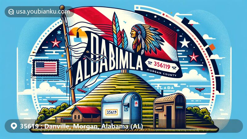 Vibrant illustration of Oakville Indian Mounds, Danville, Alabama, showcasing rich history and culture with Alabama state flag and postal elements incorporating ZIP Code 35619.
