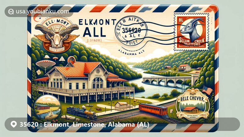 Creative illustration of Elkmont, Limestone County, Alabama, capturing postal essence with ZIP code 35620, highlighting Elkmont Depot, Sulphur Creek Trestle battlefield, and Belle Chevre goat cheese.