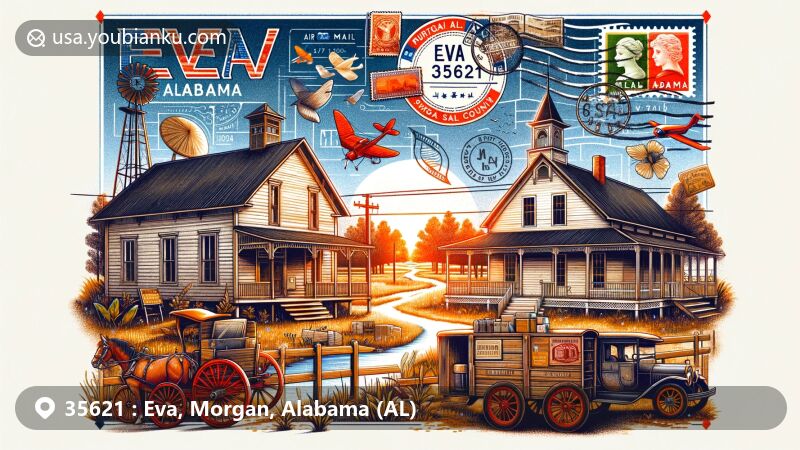 Modern illustration of Eva, Alabama, showcasing postal theme with ZIP code 35621, featuring rural landscape, vintage air mail envelope, postal stamps, and postal mark 'Eva, AL 35621', with imagery of old and new postal delivery methods.
