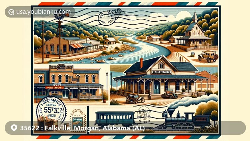 Modern illustration of Falkville, Alabama, showcasing historical and geographical features with iconic structures like Louis M. Falk's early store and a 19th-century post office, along with natural elements of Robinson Creek and Tennessee River watershed.