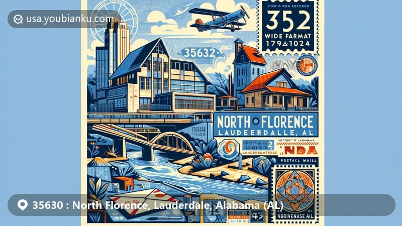 Modern illustration of North Florence, Lauderdale County, Alabama, with ZIP code 35630, highlighting Tennessee River, University of North Alabama, Rosenbaum House, Florence Indian Mound, and vintage postal elements.