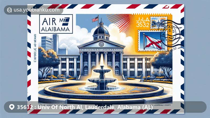 Modern illustration of University of North Alabama and postal theme with ZIP code 35632, featuring Laura Harrison Fountain, Plaza, stamp of iconic landmark, and Alabama state flag.
