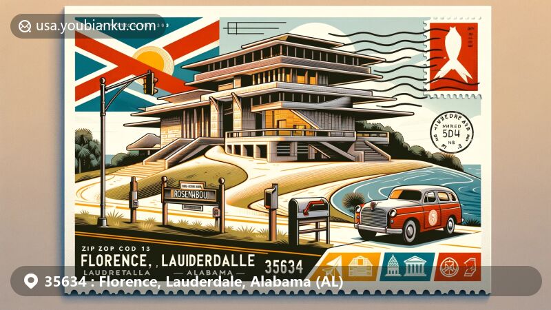 Modern illustration of Florence, Lauderdale, Alabama, highlighting postal theme with ZIP code 35634, featuring the Rosenbaum House and the Florence Indian Mound.