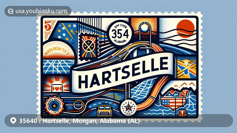 Modern illustration of Hartselle, Morgan County, Alabama, resembling a postcard design with state flag, Morgan County outline, and Interstate 65 representation, featuring postal elements and zip code 35640.