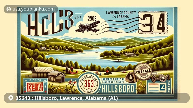 Modern illustration of Hillsboro, Lawrence County, Alabama, featuring postal theme with ZIP code 35643, showcasing Lawrence County Park and local landmarks.