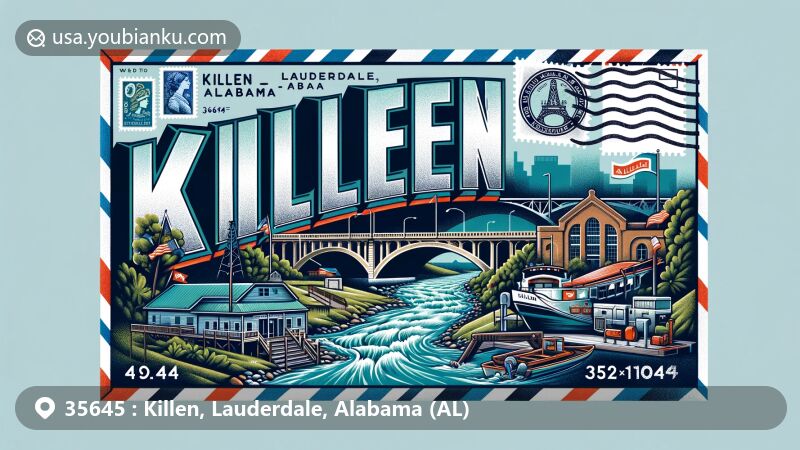 Modern illustration of Killen, Lauderdale County, Alabama, illustrating ZIP code 35645, featuring regional landmarks like Tennessee River, Alabama Canal, Killen Park, and Lock Six boat ramp, integrating postal elements in a creative postcard motif.
