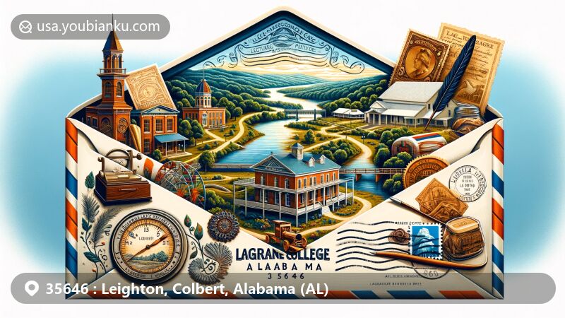 Modern illustration of Leighton, Alabama, merging postal themes with historical and natural elements, featuring LaGrange College Historic Site and Tennessee River, symbolizing town's heritage and scenic beauty.