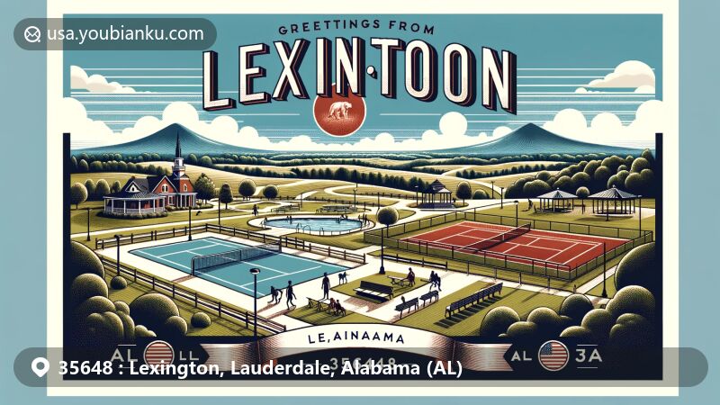 Modern illustration of Lexington, Alabama, showcasing rolling hills of North Alabama with community park, tennis courts, and city pool, integrated with Alabama state flag and 'Greetings from Lexington, AL 35648' banner.