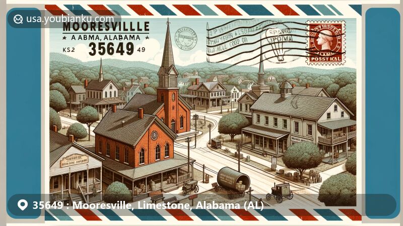 Modern illustration of Mooresville, Alabama, highlighting postal theme with ZIP code 35649, featuring Brick Church, Stagecoach Inn and Tavern, and the oldest operational post office, capturing the quaint charm of a 19th-century village.