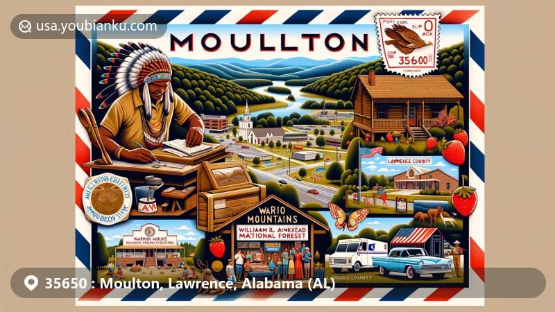Modern illustration of Moulton, Lawrence County, Alabama, showcasing postal theme with ZIP code 35650, featuring William B. Bankhead National Forest, Warrior Mountains Indian Museum, and the Annual Strawberry Festival.