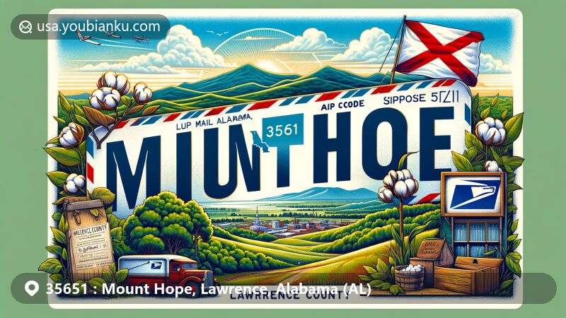 Modern illustration of Mount Hope, Alabama, in the 35651 area, featuring rural charm and postal elements, including countryside landscape, vintage air mail envelope with zipcode 35651, and iconic Alabama symbols.