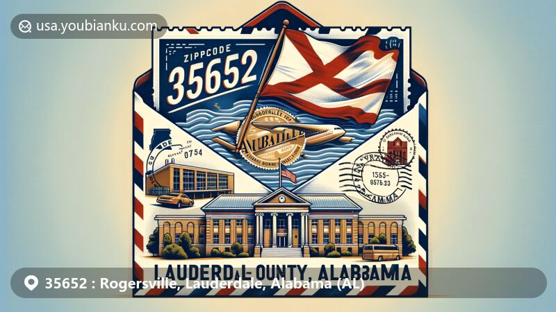 Modern illustration of Rogersville, Lauderdale County, Alabama, showcasing postal theme with ZIP code 35652, featuring Lauderdale County outline, Lauderdale County High School, and Alabama state symbols.