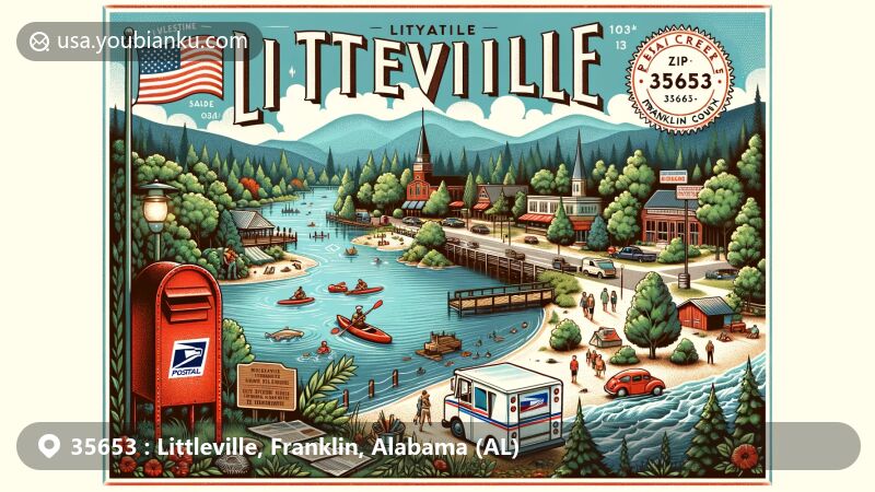 Modern illustration of Littleville, Franklin County, Alabama, with a captivating postal theme and vintage postcard style, highlighting Bear Creek Lakes and outdoor adventures, set in the scenic northwest corner landscapes of Alabama.
