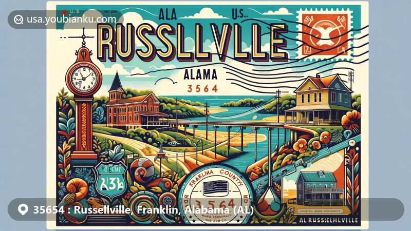 Modern illustration of Russellville, Alabama, showcasing postal theme with ZIP code 35654, featuring key landmarks and cultural symbols, including U.S. Route 43 and Alabama State Route 24.