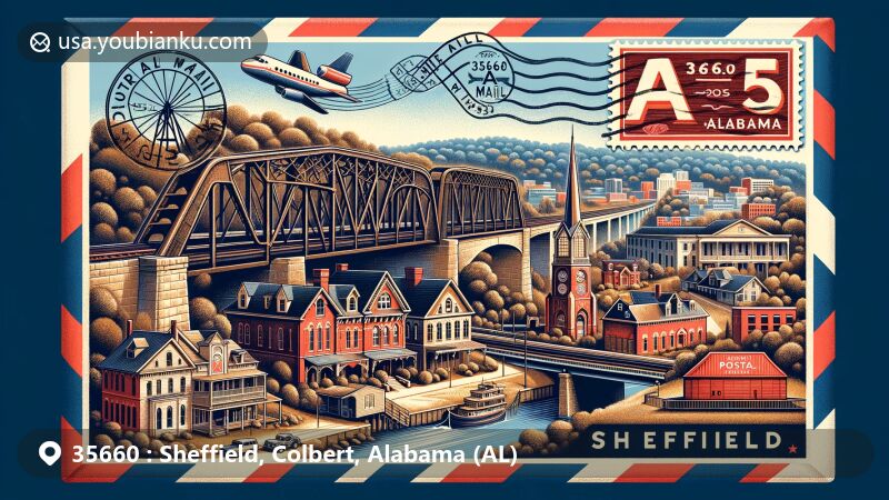 Modern illustration of Sheffield, Colbert, Alabama, featuring Old Railroad Bridge, Sheffield Residential Historic District, vintage postal elements, and Alabama state flag.
