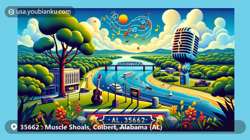 Vibrant postcard-style illustration of Muscle Shoals, Colbert County, Alabama, highlighting ZIP code 35662, featuring symbols of guitar, music notes, and microphone representing the 'Muscle Shoals Sound,' FAME Studios, and Muscle Shoals Sound Studio.