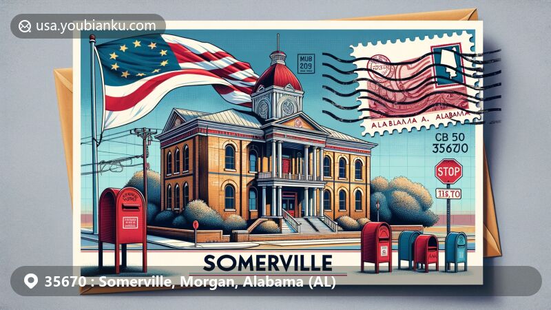 Modern illustration of Somerville, Morgan County, Alabama, with historic Somerville Courthouse and Alabama state flag, featuring '35670' ZIP code and postal elements.