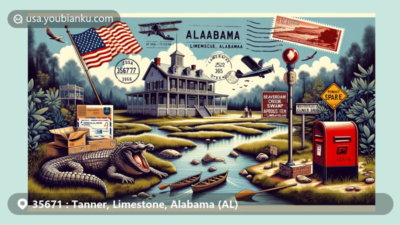Colorful illustration of Tanner, Limestone County, Alabama, inspired by ZIP code 35671, showcasing local landmarks and natural beauty.