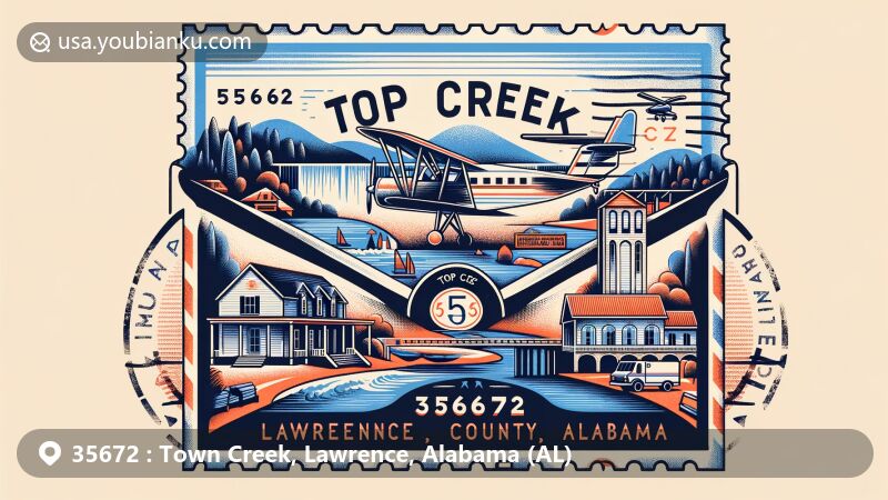 Modern illustration of Goode-Hall House, Lawrence County, Alabama, showcasing postal theme with ZIP code 35672, featuring Wheeler Dam, Tennessee River, and postal service elements.