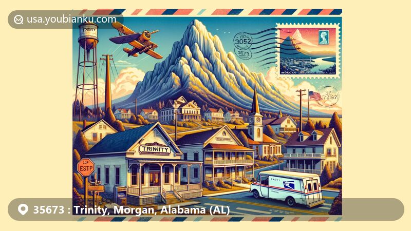 Modern illustration of Trinity, Morgan County, Alabama, showcasing postal theme with ZIP code 35673, featuring Trinity Mountain, Forest Home, William E. Murphy House, vintage post office, mailbox, and postal van.