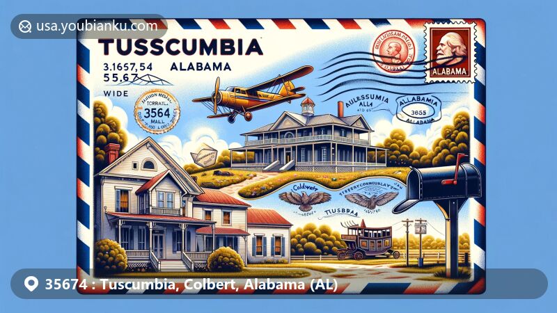 Modern illustration of Tuscumbia, Alabama, highlighting postal theme with ZIP code 35674, featuring air mail envelope, American mailbox, Belle Mont Mansion, Coldwater Stagecoach Stop, and Alabama state flag.