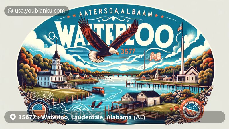 Modern illustration of Waterloo, Alabama, showcasing historic town on Pickwick Lake and Tennessee River, with Trail of Tears connection, featuring ZIP code 35677, Tennessee River, Pickwick Lake, bald eagles, and Trail of Tears historical marker.