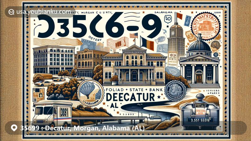 Modern illustration of Decatur, Morgan County, Alabama, showcasing its ZIP code 35699 and local landmarks like Historic Downtown, Founders Park, and Carnegie Visual Arts Center.