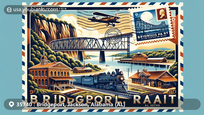 Modern illustration of Bridgeport, Alabama, 35740, featuring Russell Cave National Monument and Bridgeport Railroad Depot Museum within a vintage air mail envelope design.