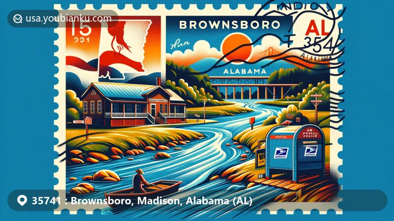 Modern illustration of Brownsboro, Madison County, Alabama, inspired by ZIP code 35741, highlighting Flint River, local post office, and elements of Madison County and Alabama.